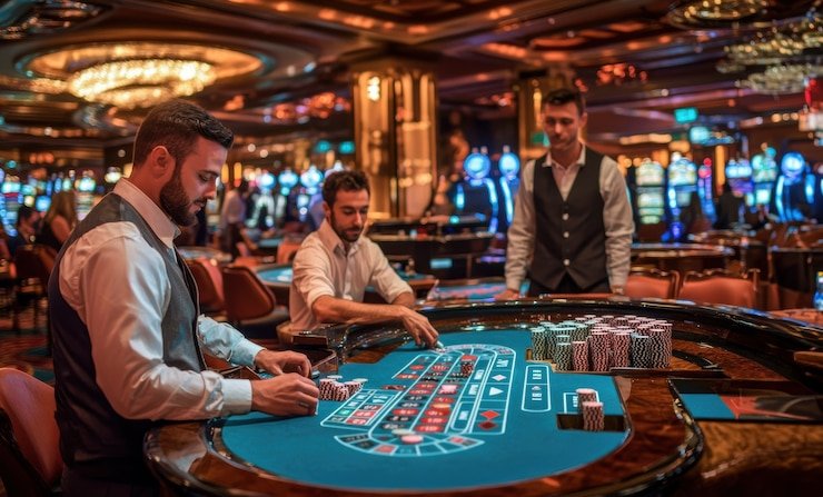 Tampilan meja No Commission Baccarat dengan dealer langsung di studio profesional playmoda
